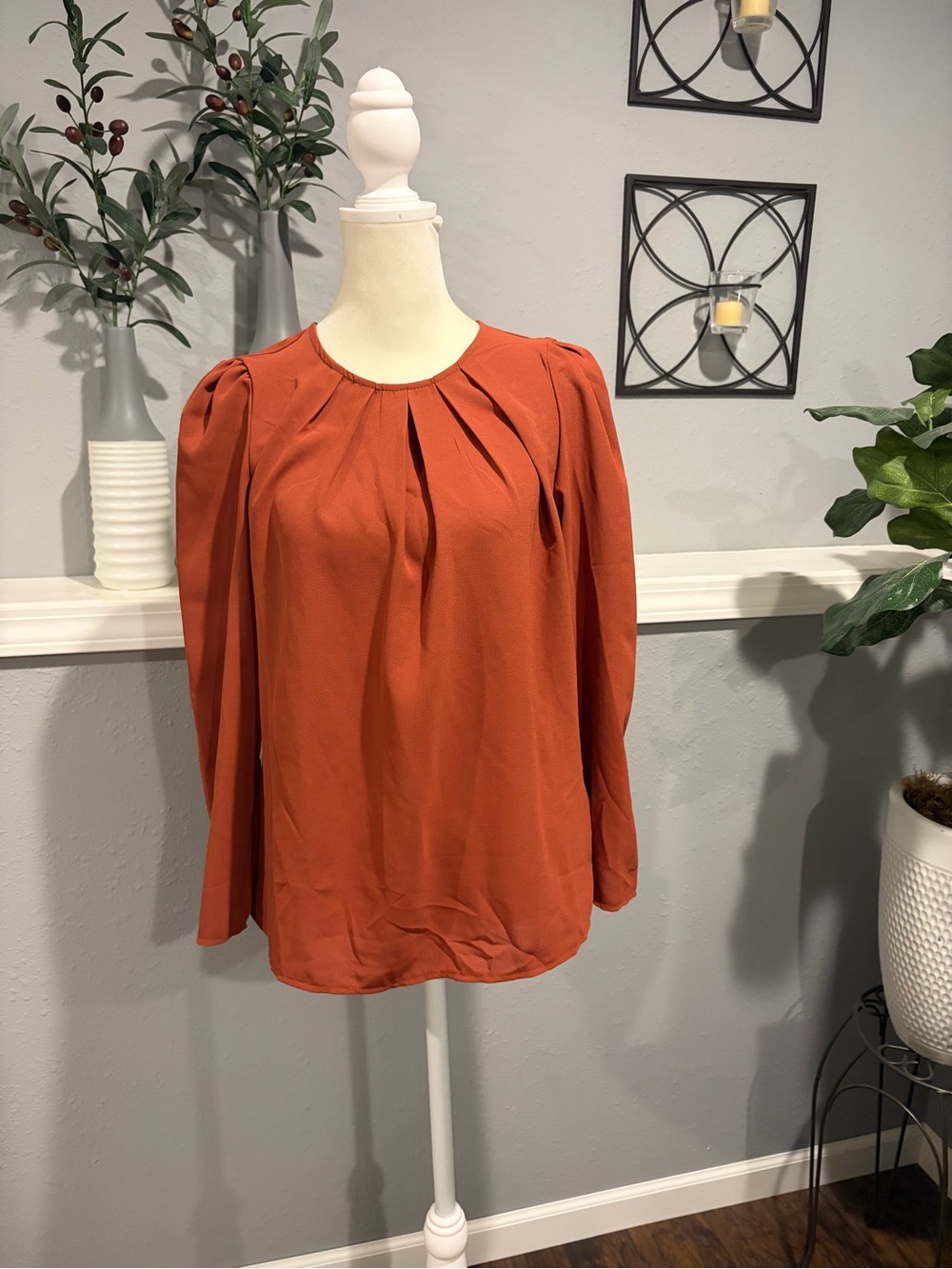 SHEIN Rust Orange Pleated Round-Neck Blouse